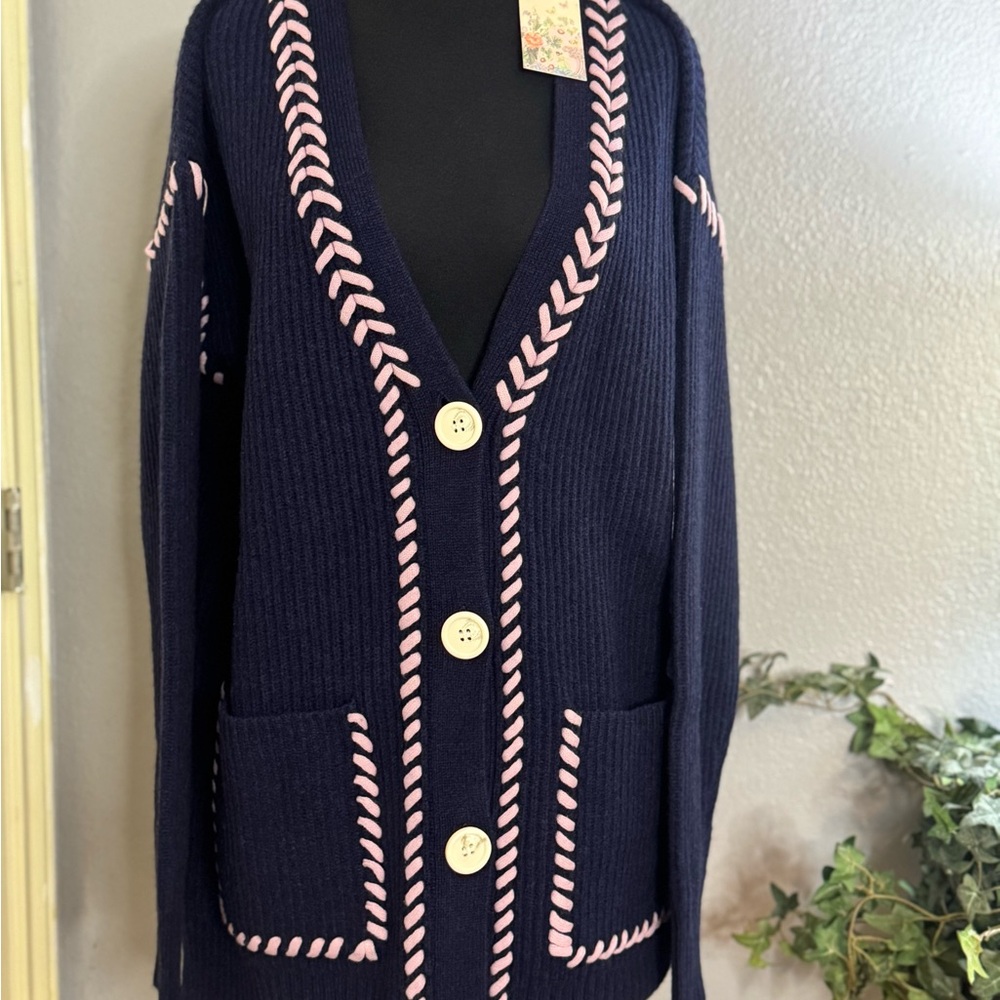 Johnny Was Dark Blue Cardigan with Light Pink Accents